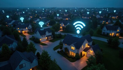 Suburban neighborhood at night with glowing wifi symbols above houses. This represents smart home connectivity and advanced tech infrastructure for modern living.