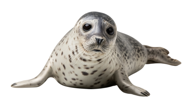 Close up of a spotted seal lying down with its flippers outstretched on a black background created with generated ai