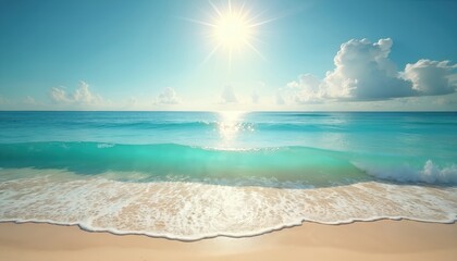 Fototapeta premium Turquoise ocean wave breaks on sandy beach under bright sun. Clear blue sky with clouds forms horizon. Tropical sea landscape invites calm relaxation.