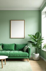 Modern living room features comfy green sofa against pastel walls. Empty wood frame mockup above couch. Large green plant in white pot adds natural touch. Bright window light illuminates space.