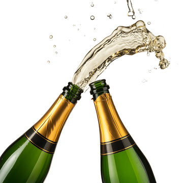 Two green champagne bottles clinking together with a large splash of bubbly liquid erupting from one bottle isolated on transparent background