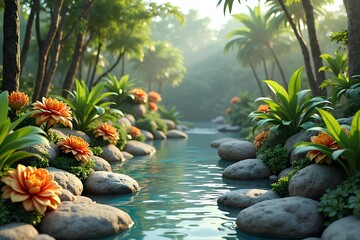 Fototapeta premium Tranquil jungle stream with bright orange flowers, lush greenery, and sunlit water reflections