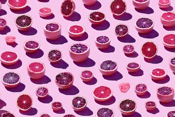 Blood orange halves float, casting purple shadows on light purple