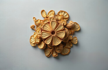 Dried Baikal Skullcap Root Scutellariae Radix on gray background. Herbal medicine HuangQin. Traditional chinese medicative plant. Natural health care product. Oriental fragrant leaf. Antioxidant