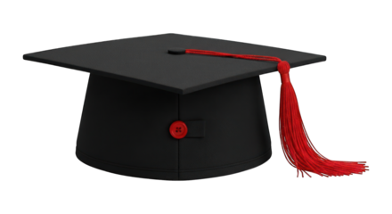 Square graduation cap, black with red tassel, isolated on a dark background