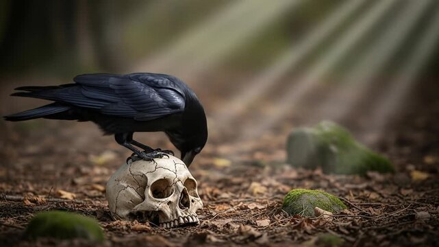 Mystical Black Raven Perched on a Human Skull in the Forest.