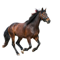 Naklejka premium A powerful brown horse with a dark mane galloping freely, isolated on transparent background