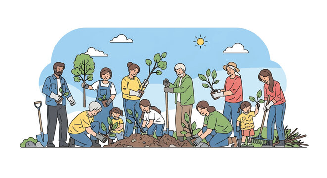 Diverse group of people planting trees and gardening together outdoors in a sunny day with blue sky.