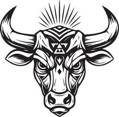 Obraz premium Black and White Stylized Bull Head with Tribal Markings