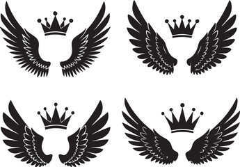 Four Pairs of Black Wings and Crowns on White Background