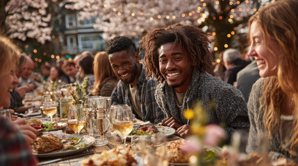 Joyful outdoor gathering with diverse friends enjoying meal at long table under string lights and cherry blossoms. atmosphere is warm and inviting