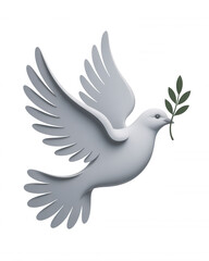 Obraz premium Transparent background White dove with green olive branch flying against black background bird wings