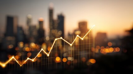 Golden chart line showing upward trend on blurry city skyline background at dusk, concept for financial growth, economic recovery and business investment success