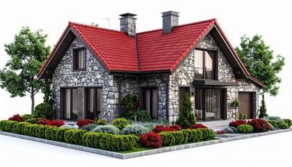 Two-story stone house with red tile roof large windows wooden entrance and landscaped garden for editorial architecture photography real estate elegance and rustic-modern design-themed visuals