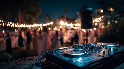 Close up on DJ mixer with blurred dancing party crowd at night with string lights, concept for wedding celebration, nightlife entertainment and event promotion
