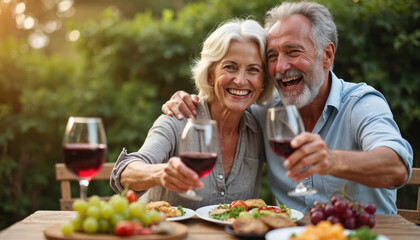 Joyful senior couple smiles, laughs, cheers with red wine glasses outdoors. Enjoy evening barbecue dinner with friends, fresh food, grapes on patio table. Mature man, woman celebrate friendship, good