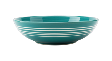 Teal ceramic bowl with white stripes, simple and elegant on black background