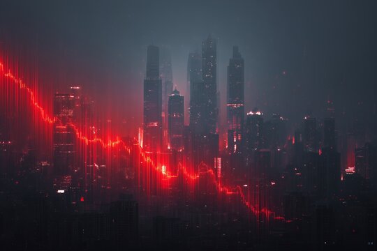 Red downward graph overlaying a dark cityscape with skyscrapers at night. Concept for stock market crash, economic downturn and financial risk analysis