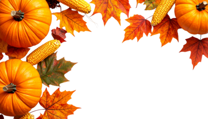 Autumn pumpkin with leaves and corn arranged decoratively, isolated on transparent background, harvest theme composition