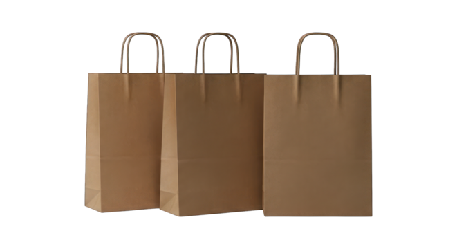 Three brown paper shopping bags standing upright against a black background