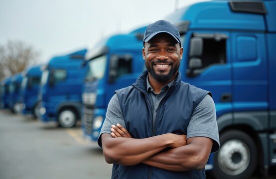 Smiling African American truck driver stands confidently arms crossed near line of blue trucks. Pro male in uniform represents logistics transportation. Happy delivery man with fleet of vehicles - Powered by Adobe