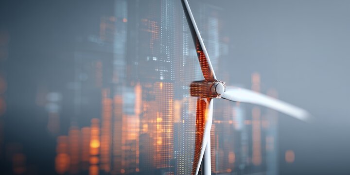 Close-up of a wind turbine with blurred cityscape and digital grid overlay background, concept for renewable energy, sustainable development and green technology solution