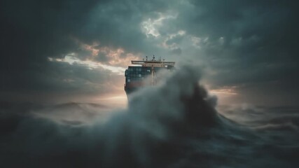 A large cargo ship navigates choppy waters under a dramatic sky.