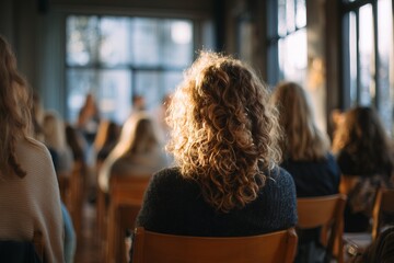 Back view of audience listening to a speaker at a conference or seminar with sunlight coming through window. Concept for educational events, business presentations and personal development workshops