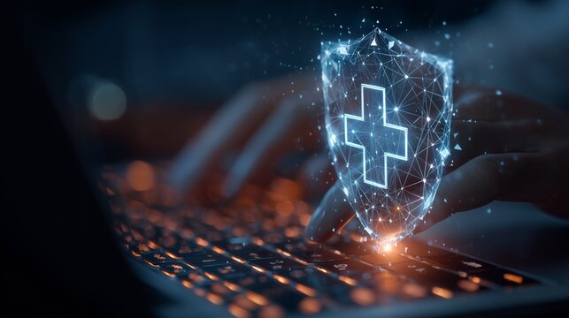 Close up of hands typing on illuminated keyboard with digital shield and cross overlay, concept for data protection, network security and healthcare technology