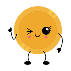 Playful golden coin illustration in kawaii cartoon style with cheerful expression. Perfect for financial, success, reward, or luck themed projects.