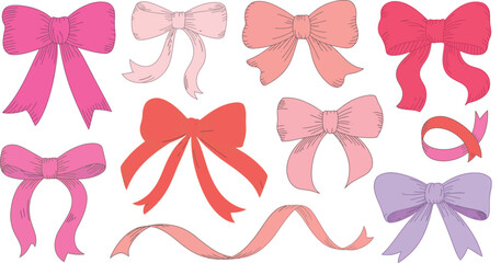 Assortment of Hand Drawn Bows and Ribbons in Pastel Colors 