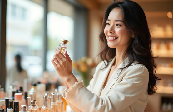 A smiling woman examines perfume bottle at a beauty shop. She is looking at the product with interest. The woman holds the bottle with long manicured nails in a bright shop.