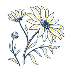 Artistic daisy flower with abstract yellow and blue petals dark floral design isolated on transparent background