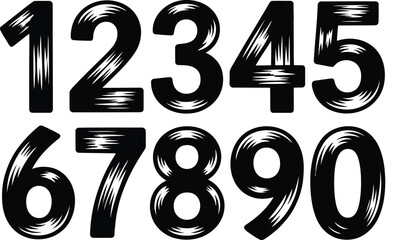 Black Numbers 0 Through 9 with Textured Fill on White Background digits counting