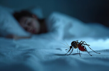 Close up photo of tiger mosquito on bed sheet near sleeping person. Insect is dangerous. This pest can transmit diseases like malaria or dengue.