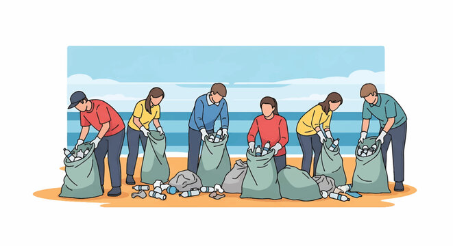 Illustration of a group of people collecting trash in green bags on a beach with a blue ocean background.
