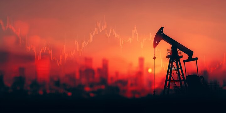 Silhouette of oil pump jack against a cityscape during sunset with falling stock graph, concept for energy crisis, economic recession and petroleum industry investment