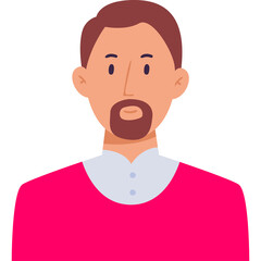 Flat Design Portrait of a Man with Brown Hair and Beard Wearing a Pink Sweater and Light Blue Collar Shirt Isolated on White Background with Transparent Elements