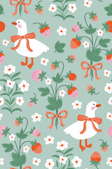 Vector strawberry goose seamless pattern. White birds, flowers and strawberries on mint background. Funny childish animal seamless print design for kids fabric or nurseary wallpaper