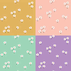 Vector ditsy floral pattern in 4 colorways. Flower seamless print design for kids fabrics, wallpaper or wrapping paper. Botanical patchwork repeat background 