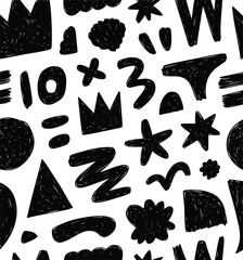 Black Abstract Shapes and Symbols Seamless Pattern Doodle Art background