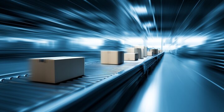 Cardboard boxes on a conveyor belt moving in a warehouse with motion blur background. Concept for shipping distribution, logistic management and automated warehouse operations - Powered by Adobe