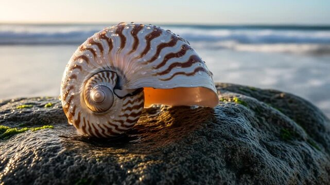 Nautilus Shell on a Rocky Shoreline at Sunset.