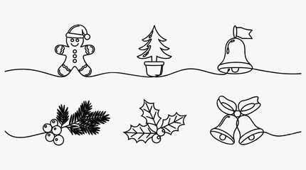 Continuous Line Drawing of Christmas Elements for Holiday Season Decoration