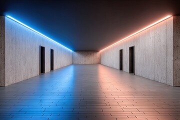 Concrete corridor lit with blue and orange neon lights