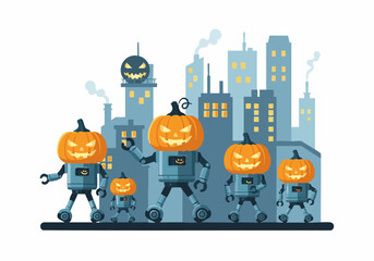 Fototapeta premium A group of five cartoon robots with jack-o'-lantern heads stand in front of a stylized city skyline.