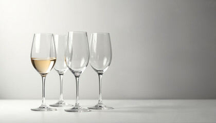 Fototapeta premium Four elegant clear wine glasses stand on white surface. One glass holds white wine, others empty. Clean setup implies bar, restaurant, special event drink service, ready for celebration tasting.