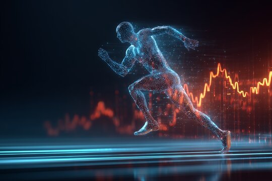 Abstract digital runner with data graph on dark background symbolizing motion, concept for sports technology, investment analysis and personal performance tracking - Powered by Adobe