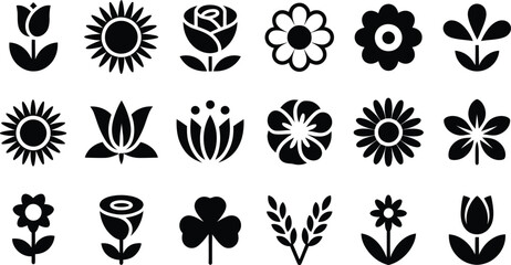 Set of Black Silhouette Icons of Various Flowers and Plants flower silhouette icon tulip silhouette