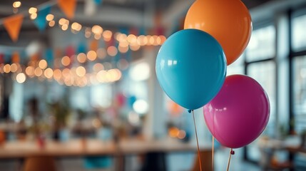 Festive colorful balloons float in the air, with blurred party decorations in background. Concept for birthday celebration, event planning and cheerful gatherings